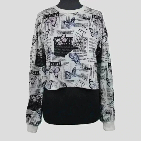 🔵 2/$15 ~ Shein‎ crop ladies sweater white graphic print medium - Picture 1 of 6